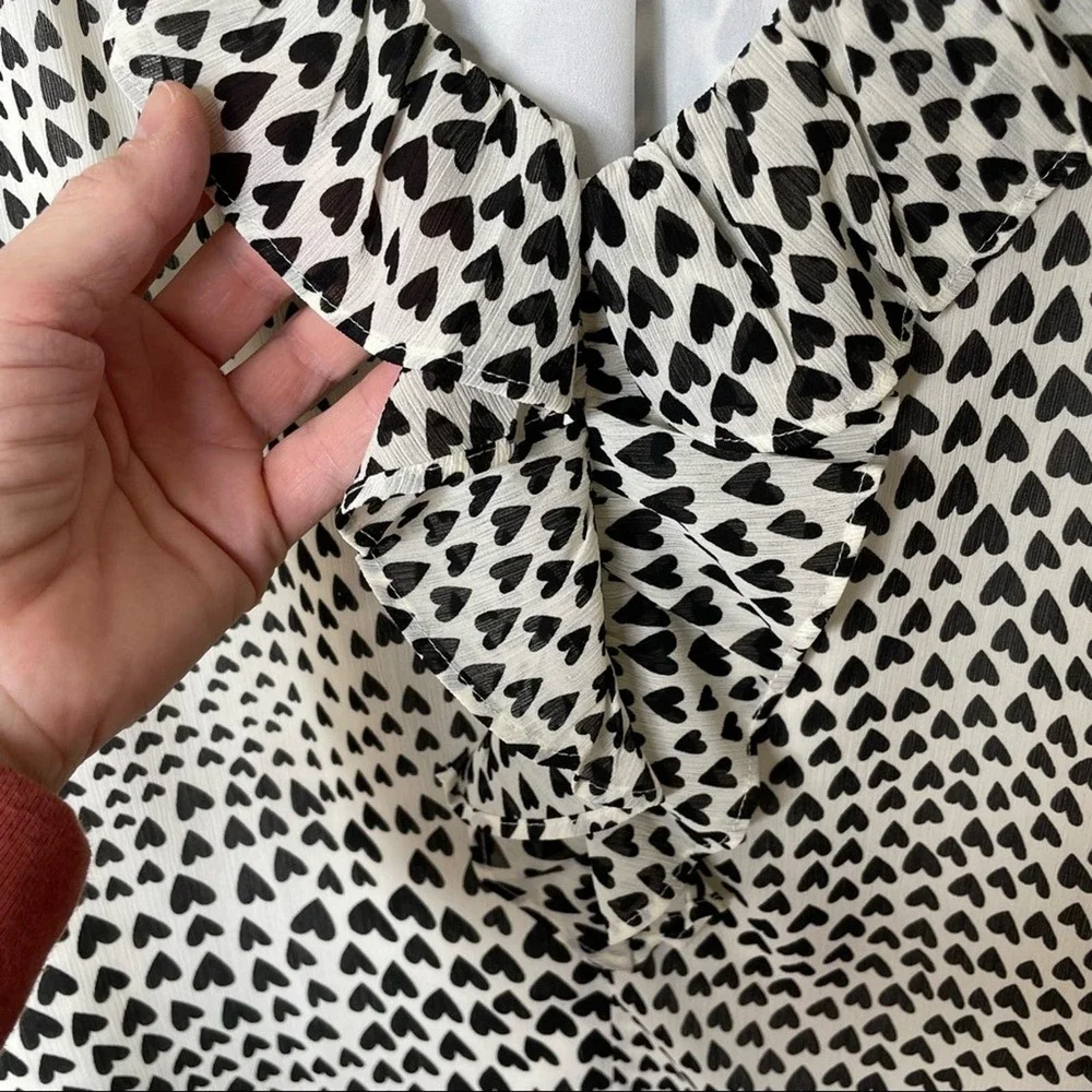 J. Crew‎ All Over Hearts Cream Black Ruffle Trim Blouse XS